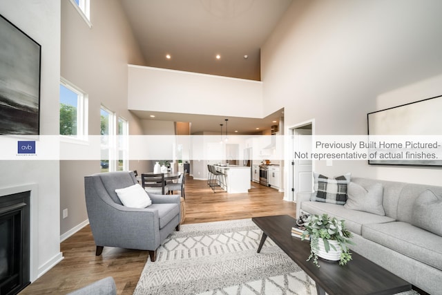 living room featuring light wood-type flooring and high vaulted ceiling