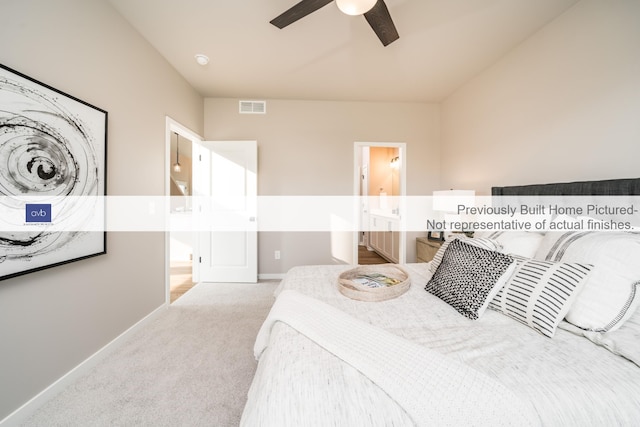 bedroom with connected bathroom, light colored carpet, and ceiling fan