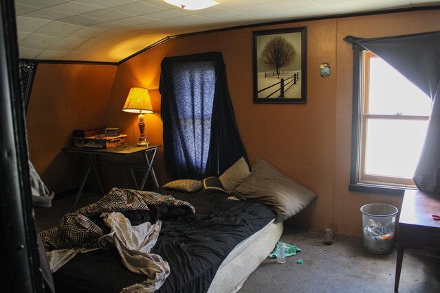 bedroom with lofted ceiling