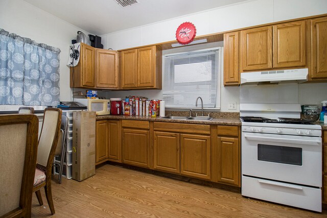 kitchen with dark stone counters, light hardwood / wood-style floors, white appliances, and sink