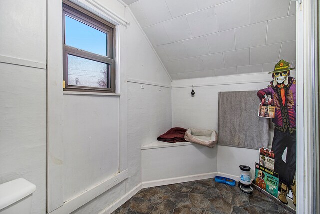 bathroom with lofted ceiling, toilet, and tile floors