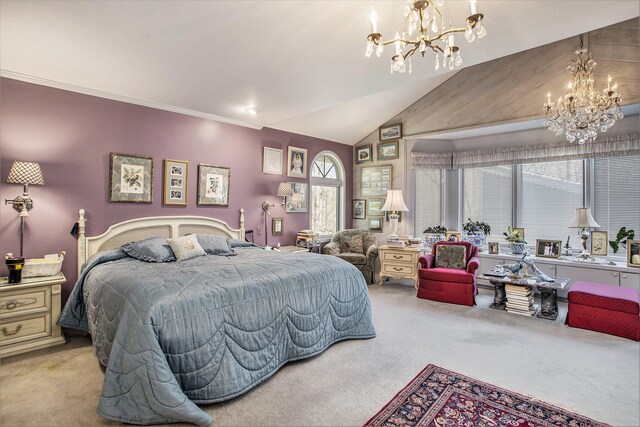 carpeted bedroom featuring a notable chandelier, high vaulted ceiling, and multiple windows