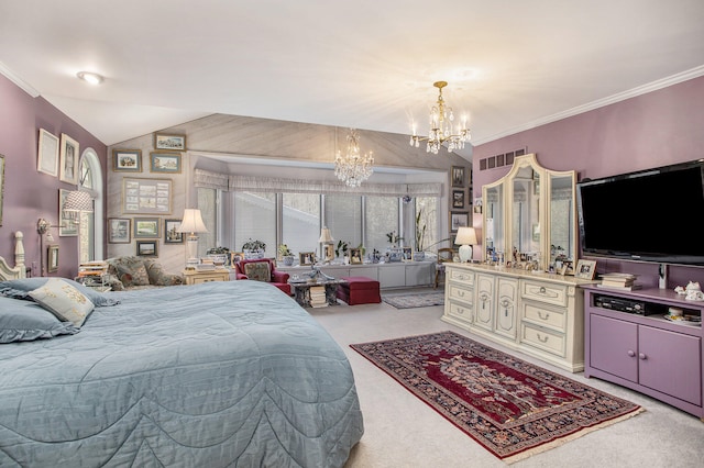 bedroom featuring light carpet, an inviting chandelier, crown molding, and lofted ceiling