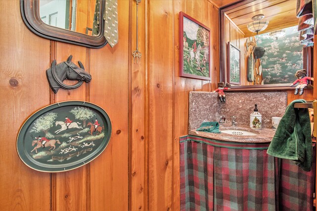 bathroom featuring sink and wooden walls