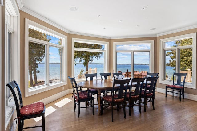 dining area with plenty of natural light, dark hardwood / wood-style floors, and a water view