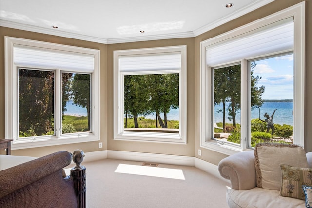 interior space featuring ornamental molding, a water view, and carpet floors