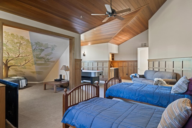 carpeted bedroom featuring ceiling fan, lofted ceiling, and wood ceiling