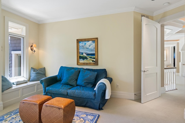 living room featuring ornamental molding and light carpet