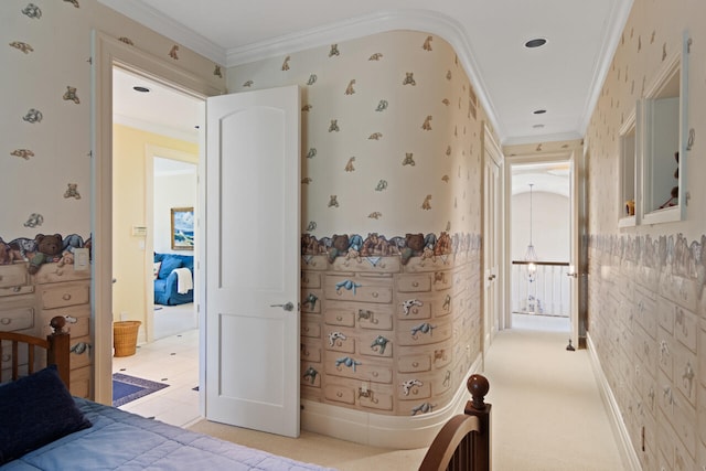 carpeted bedroom featuring ornamental molding