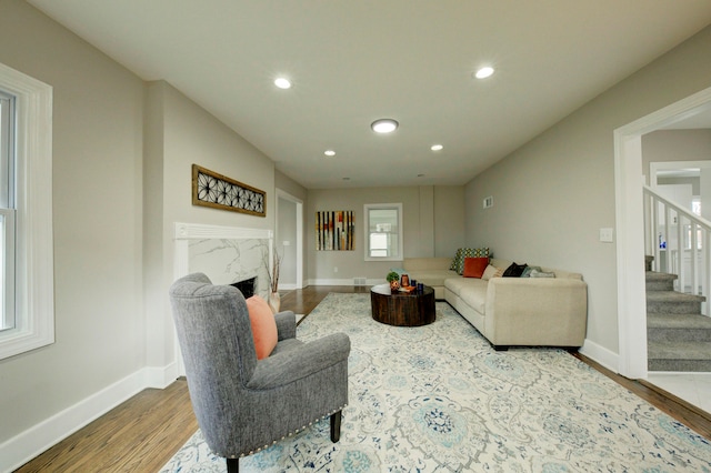 living room with a premium fireplace and hardwood / wood-style floors