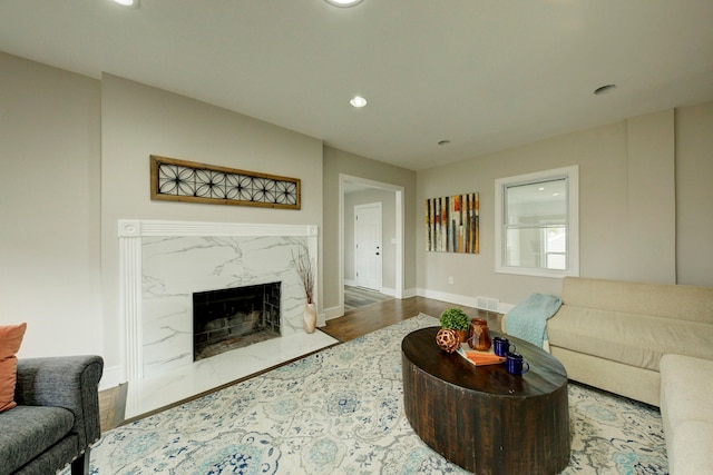 living room featuring a premium fireplace and wood-type flooring