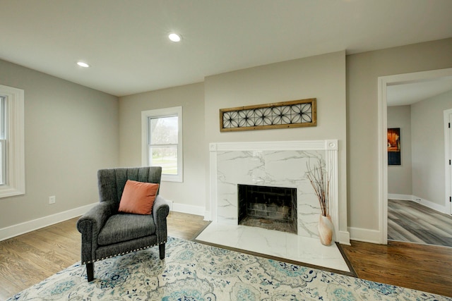 living area featuring a high end fireplace and dark hardwood / wood-style floors