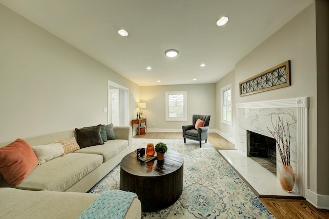 living room featuring a high end fireplace and wood-type flooring