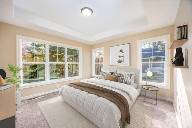 bedroom with a tray ceiling and light colored carpet