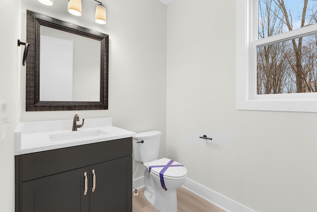 bathroom with toilet, vanity, and hardwood / wood-style flooring