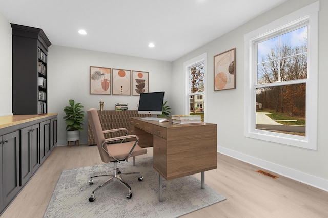 office area featuring a healthy amount of sunlight and light hardwood / wood-style flooring