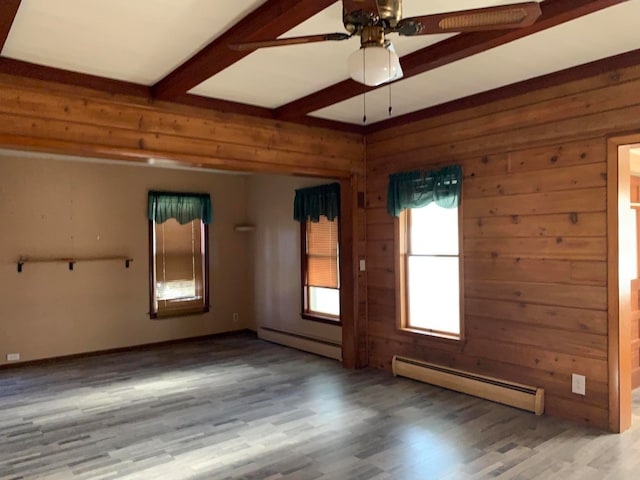 spare room with beamed ceiling, hardwood / wood-style flooring, wooden walls, and a baseboard heating unit