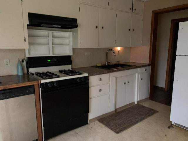 kitchen featuring white cabinetry, light tile floors, white appliances, and sink