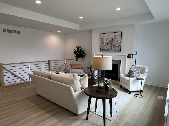 living room with wood-type flooring and a tray ceiling