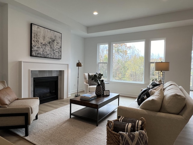 living room with a tile fireplace and light hardwood / wood-style flooring