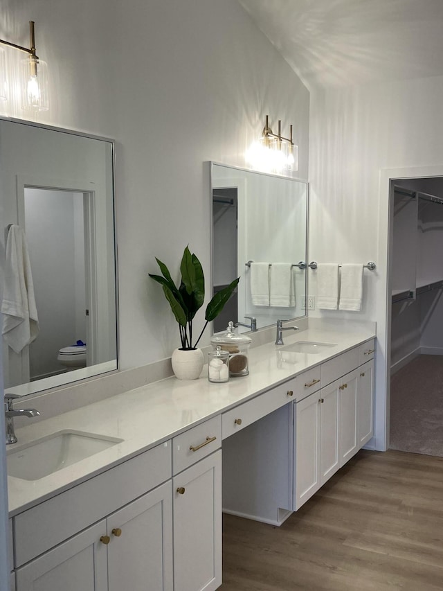 bathroom featuring wood-type flooring, vanity, and toilet