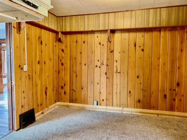 empty room featuring carpet floors and wooden walls