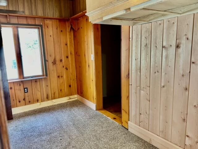 carpeted empty room with wood walls