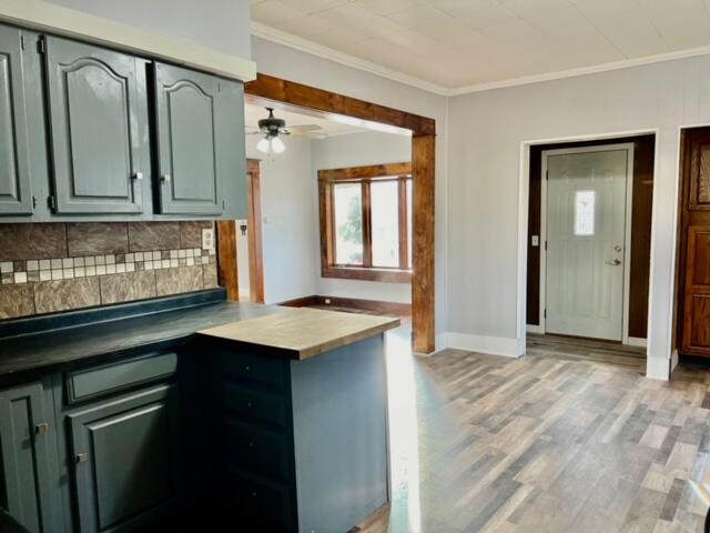 kitchen with light hardwood / wood-style flooring, ceiling fan, ornamental molding, tasteful backsplash, and kitchen peninsula