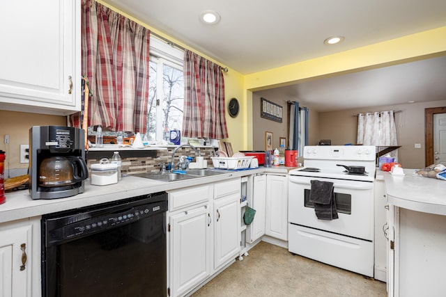 kitchen with electric range, sink, dishwasher, and white cabinetry