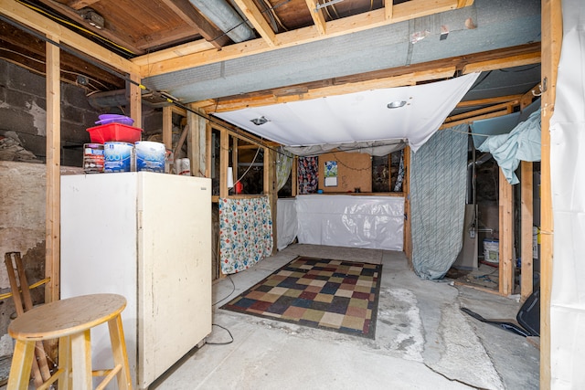 basement featuring white fridge