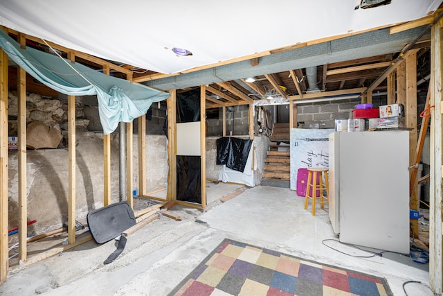 basement featuring white refrigerator