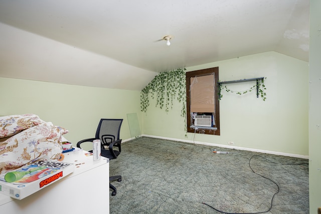 office featuring lofted ceiling and carpet floors