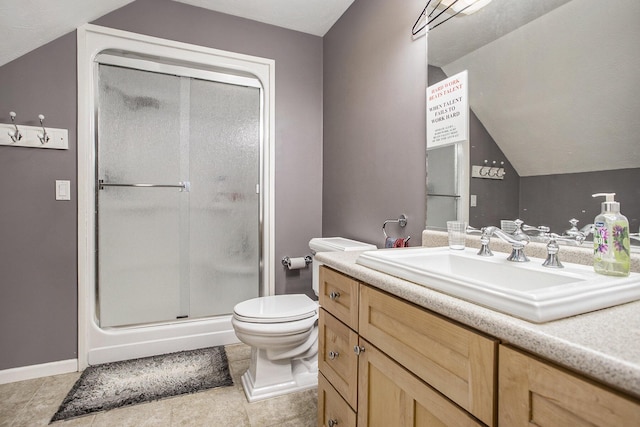 bathroom with lofted ceiling, vanity, toilet, and an enclosed shower