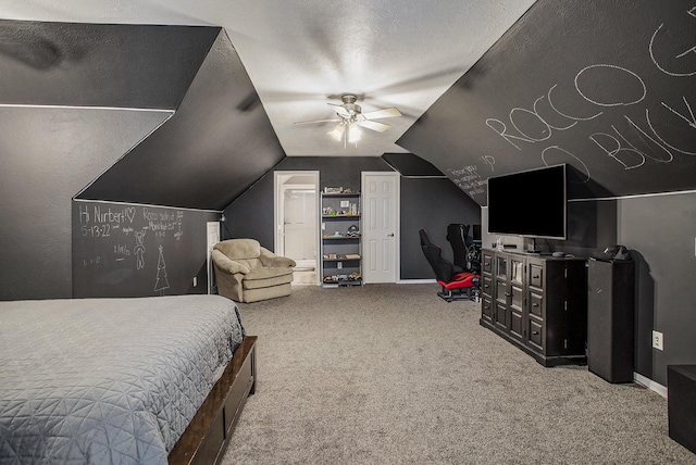 bedroom with lofted ceiling, carpet floors, and ceiling fan