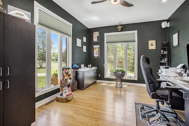 office space featuring ceiling fan, light hardwood / wood-style flooring, and a healthy amount of sunlight