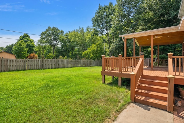 view of yard featuring a deck, ceiling fan, and a fenced backyard