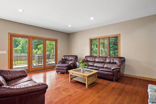 living area featuring baseboards, wood finished floors, and recessed lighting