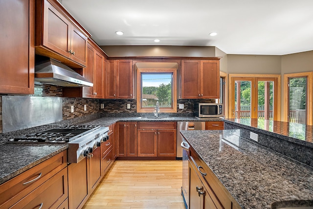 kitchen featuring light wood-style flooring, appliances with stainless steel finishes, dark stone countertops, under cabinet range hood, and a sink