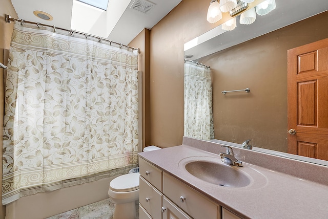 bathroom featuring toilet, visible vents, shower / bathing tub combination, and vanity