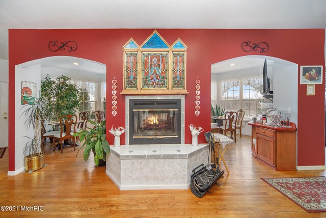 living room with light hardwood / wood-style floors and a fireplace