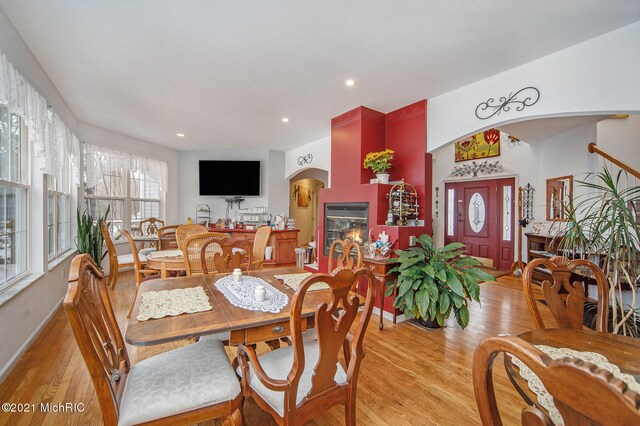 dining space with light hardwood / wood-style floors