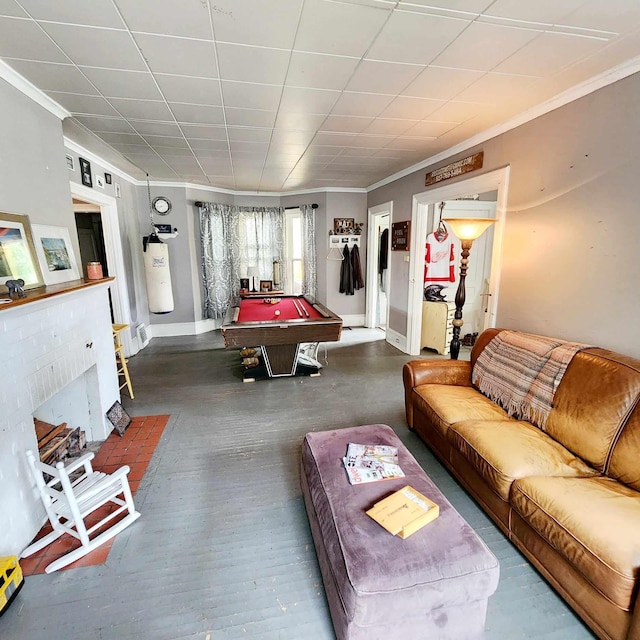 playroom with ornamental molding, wood-type flooring, water heater, and billiards