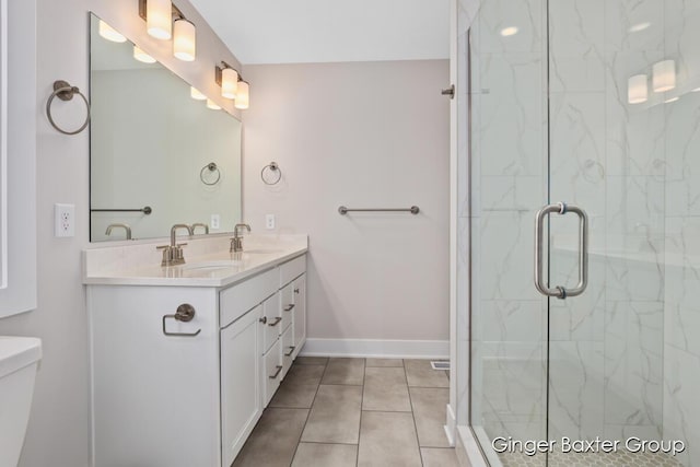 bathroom with an enclosed shower, vanity, tile patterned floors, and toilet