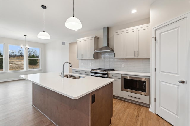 kitchen with a kitchen island with sink, wall chimney exhaust hood, built in microwave, and sink