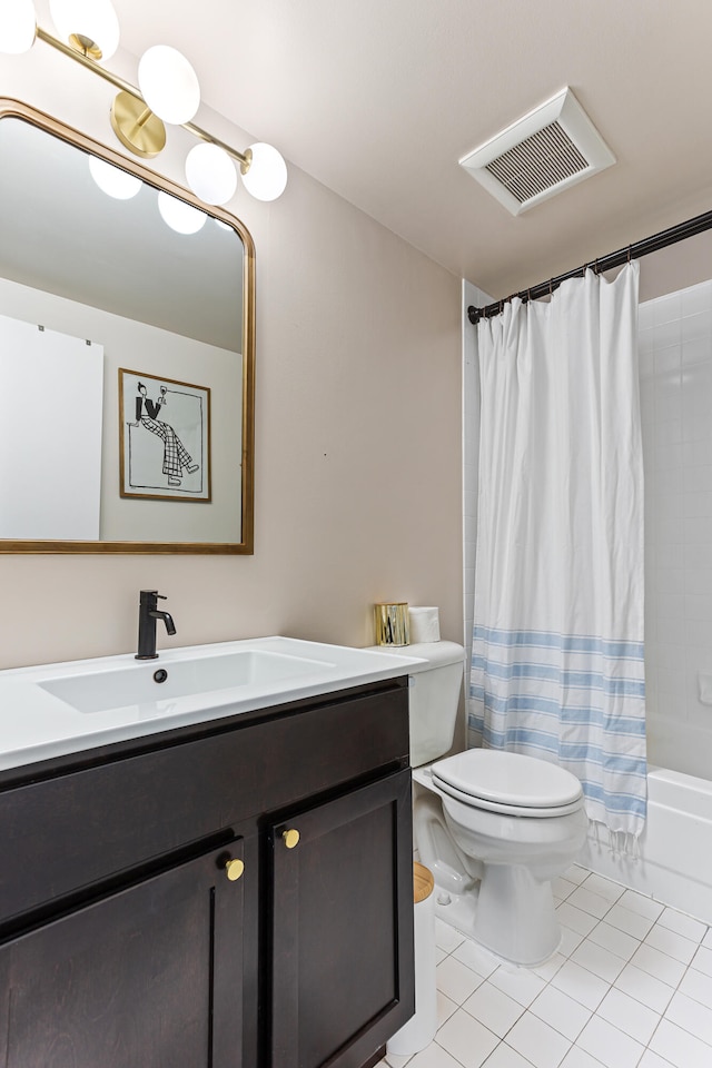 full bathroom with tile patterned flooring, vanity, shower / bathtub combination with curtain, and toilet