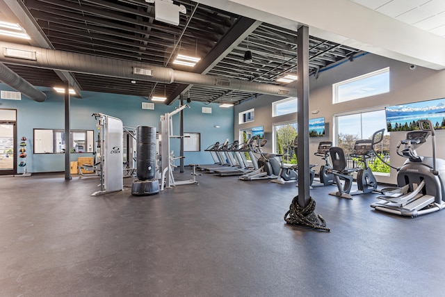 exercise room with a towering ceiling