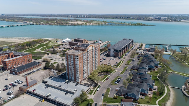 bird's eye view with a water view