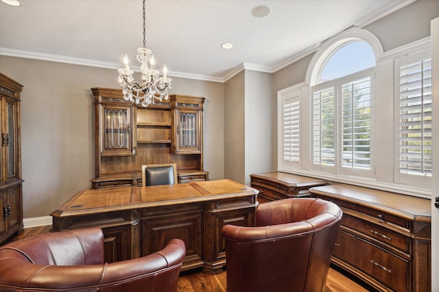 office area with an inviting chandelier, crown molding, and dark wood-type flooring