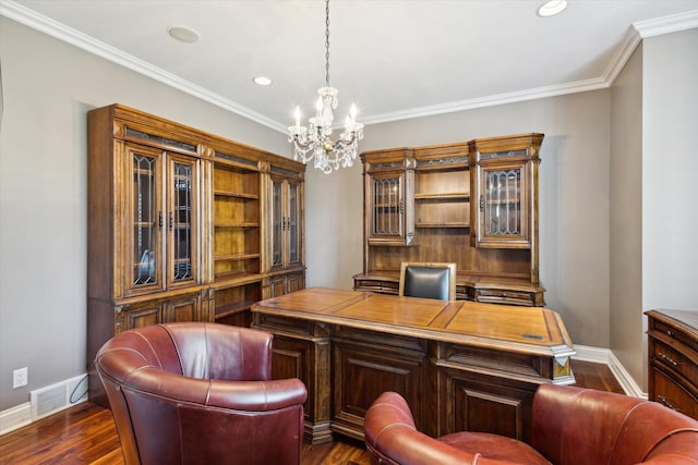 home office featuring a chandelier, crown molding, and dark hardwood / wood-style floors