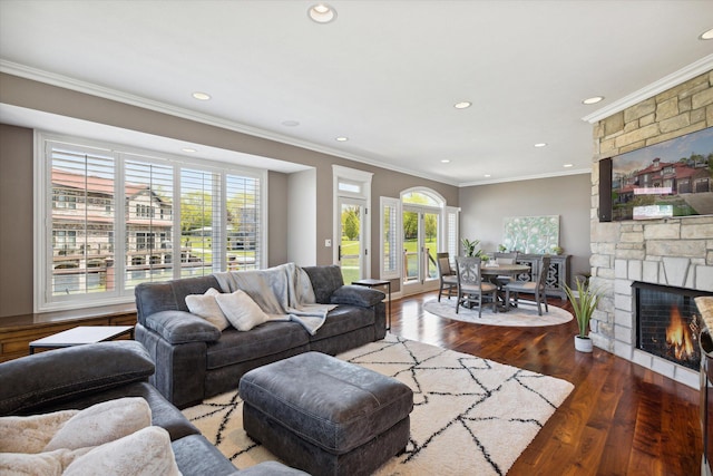 living room with ornamental molding, hardwood / wood-style flooring, and a fireplace